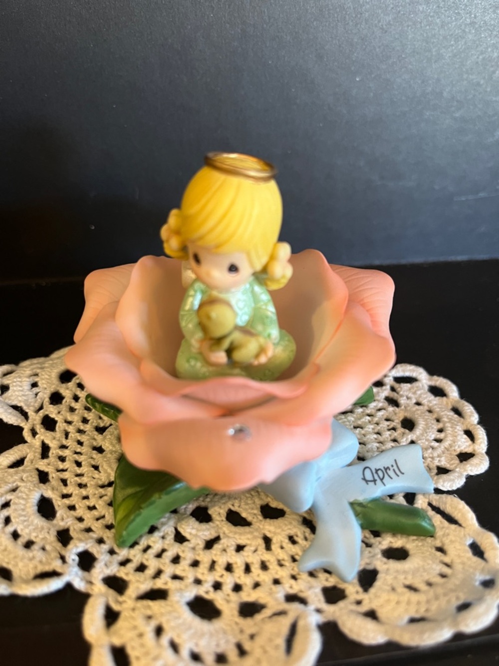 Precious Moments Pastel Pink Rose Figurine with Green Outfit
